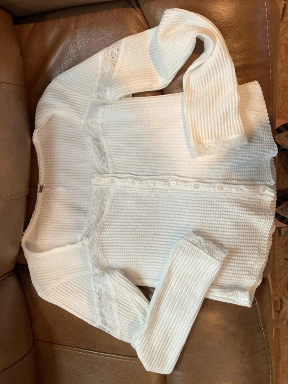 Free People White Lace-Trim Waffle Knit Button Cardigan